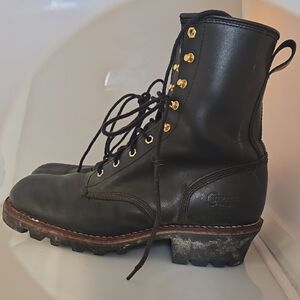 Chippewa Black Leather Boots with Gold Eyelets